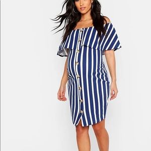 Maternity Bardot Stripe Button Bodycon Dress Navy